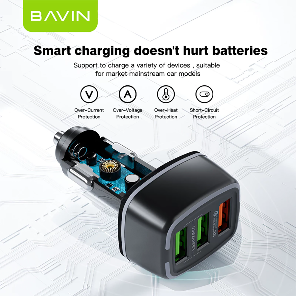 BAVIN PC896 Car Charger Multiple 3 Ports 18W & 12W Ultra Fast Charging USB QC3.0 Cell Phone Quick Charger Adapter