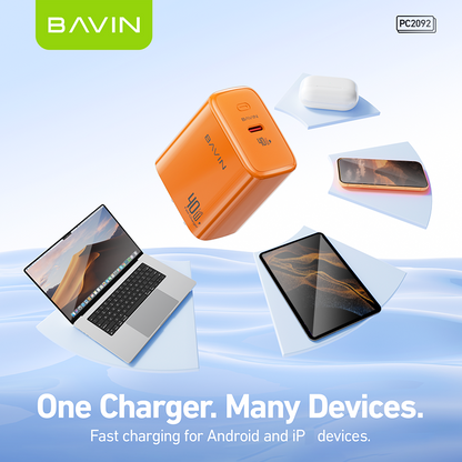 BAVIN PC2092 40W PD GaN Fast Charging Adapter USB-C Wall Charger for Laptop, iPhone 5-17 &Type-C Devices