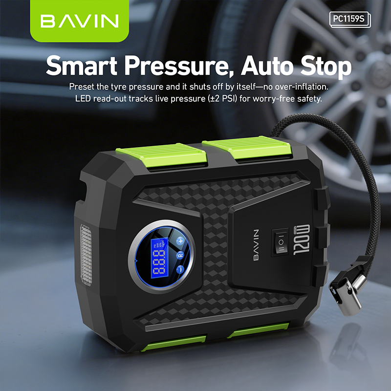 BAVIN Z-PC1159 12V Portable Digital Tire Inflator w/ 150 PSI High Speed Air Compressor for Car, Motor, Bike & Sports Balls