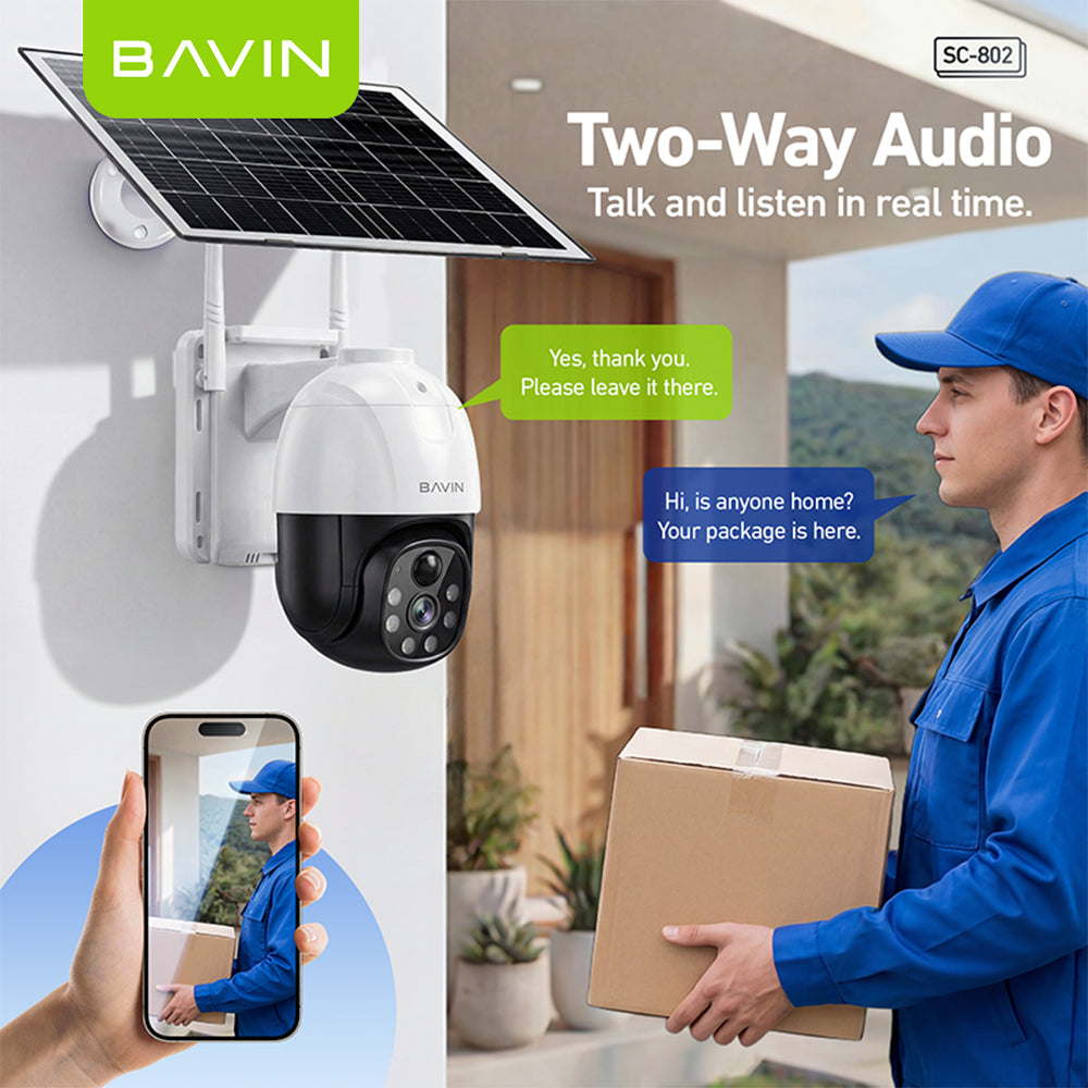 BAVIN SC802 Solar-Powered Outdoor Pan Wireless Security CCTV Camera 5MP HD PTZ Camera w/Weatherproof