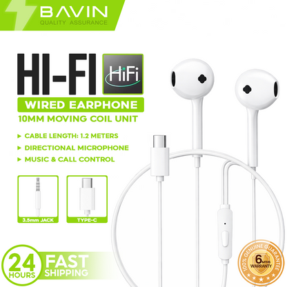 BAVIN HX871 / HX875 Hi-Fi Wired Earphone Stereo Sound Quality Music Compatible for 3.5mm / Type-C