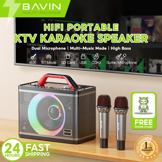 [Free Phone Stand] BAVIN BM10 Bluetooth Wireless Portable Karaoke Speaker w/ Dual Microphone Light