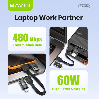 BAVIN CB428 4-in-1 Mini 60W PD Fast Charging Data Cable Keyring Multi-function for iPhone &Android Devices