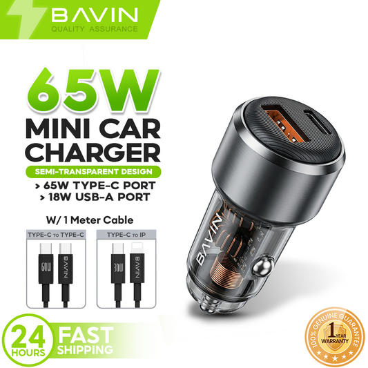 BAVIN PC2153 Mini 65W PD Fast Charging Car Charger w/USB-C+USB-A Ports+1m Cable for Phones/Laptops