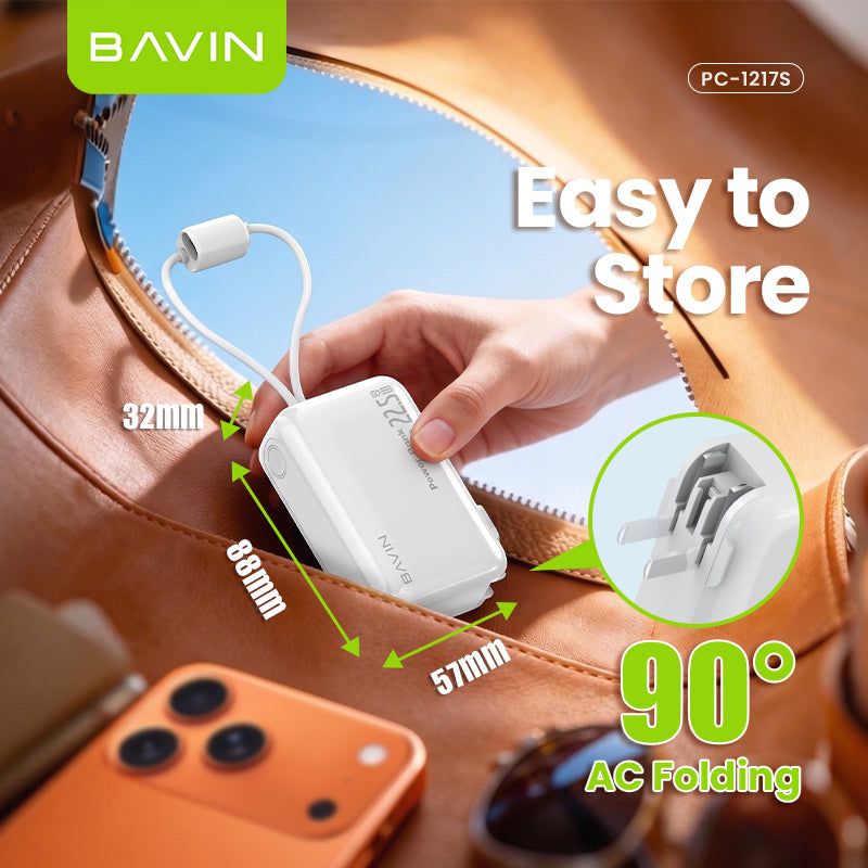 [CCC] BAVIN PC1217 2in1 Portable 10000mAh 22.5W Fast Charging Powerbank Built-in Dual Cables+AC Plug