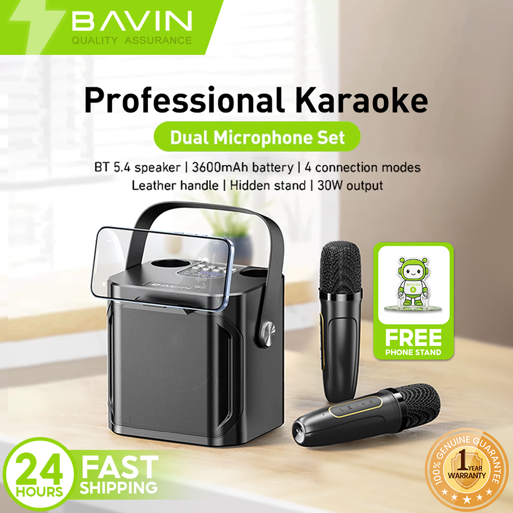 [Free Phone Stand] BAVIN BM20 Professional Karaoke Bluetooth Portable Speaker Dual Microphone with Phone Stand