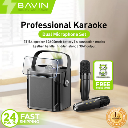 [Free Phone Stand] BAVIN BM20 Professional Karaoke Bluetooth Portable Speaker Dual Microphone with Phone Stand