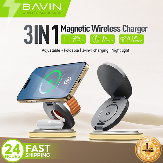 BAVIN PC1181 3in1 Magnetic 15W Wireless Charger Dock for Phone/Watch/Earbuds w/ Foldable Stand & LED