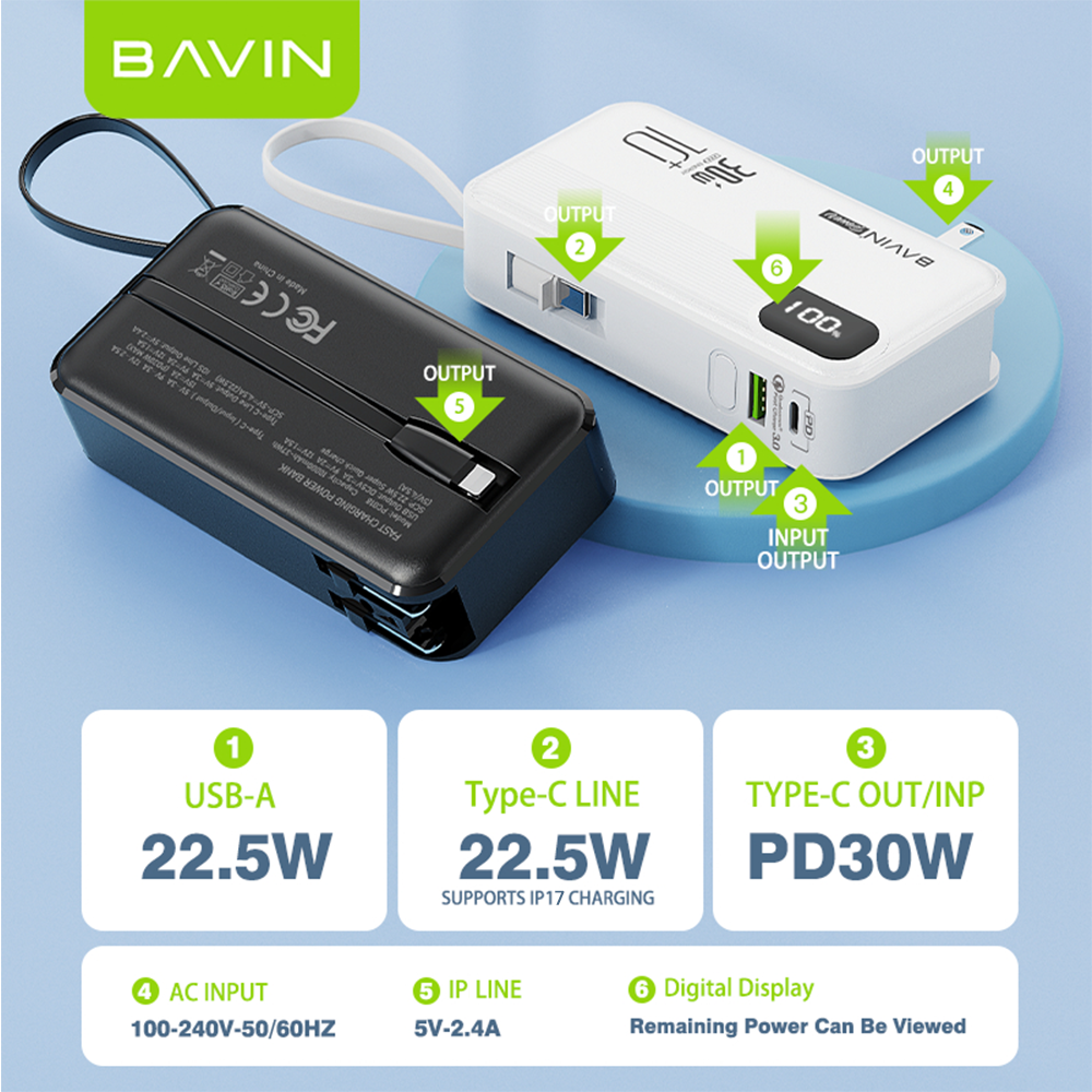 BAVIN PC018 10000mAh 30W Fast Charging Power Bank Built-in Type-C / iPhone Cable & Plug for iPhone 17