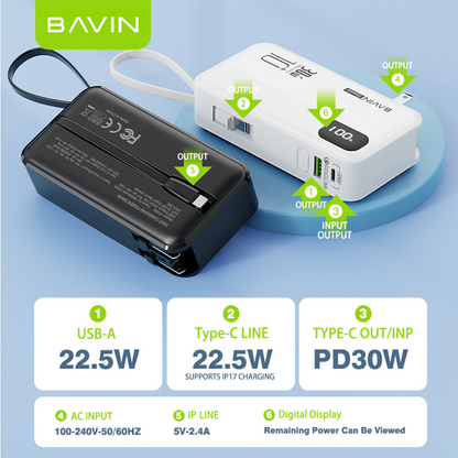 BAVIN PC018 10000mAh 30W Fast Charging Power Bank Built-in Type-C / iPhone Cable & Plug for iPhone 17