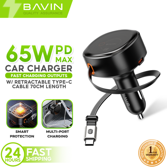 BAVIN PC2139 3-in-1 65W PD Fast Charge Car Charger Built-in Retractable Type-C Cable for Phone/ Laptop
