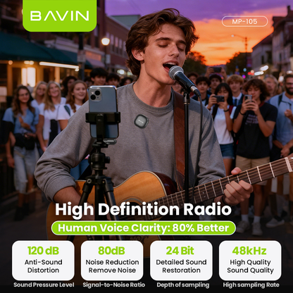 BAVIN MP105 Dual Wireless Microphone 50m Range, Plug & Play w/ 3-Mode Noise Cancellation, Case & LED for Type-C/ iPhone