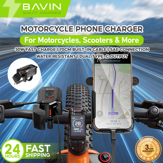 BAVIN PS98 30W Fast Charging Motorcycle Phone Charger w/ Retractable Type-C Cable &USB+Type-C Port