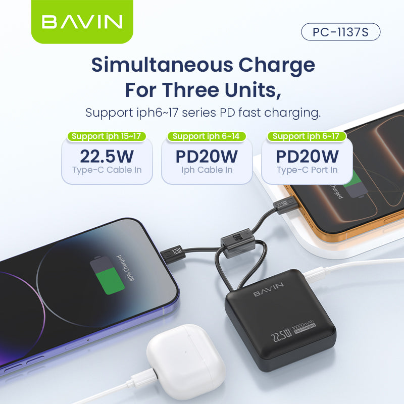 BAVIN PC1137 10000mAh Mini Powerbank 22.5W Fast Charging w/ Built-in Cables Compatible for Android & iPhone 6-17 Series