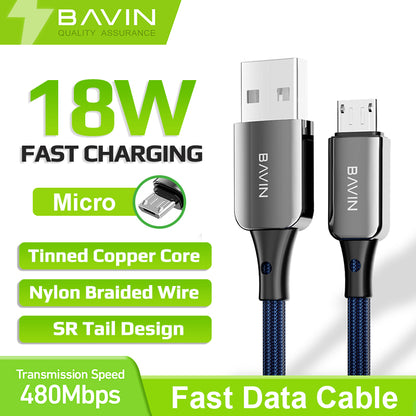 BAVIN U-CB250-M  BK 18W Fast Charging Cable Nylon Braided Suitable for USB to Micro