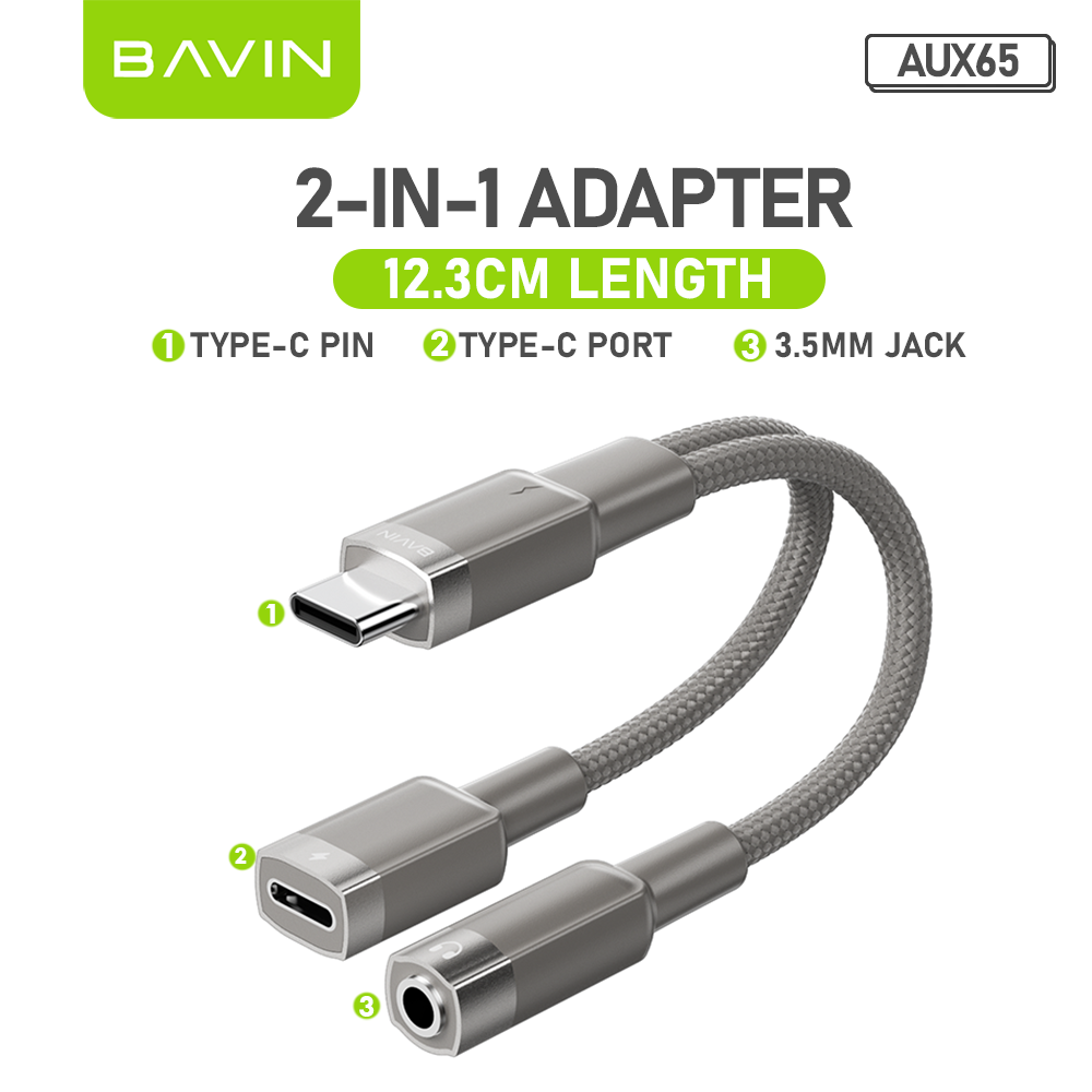 BAVIN AUX62 2-in-1 Hi-Fi Audio & Charge Cable w/iPhone, Type-C to 3.5mm Adapter for Android & iPhone Devices