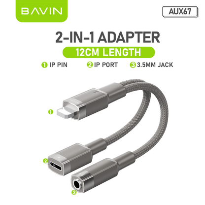 BAVIN AUX62 2-in-1 Hi-Fi Audio & Charge Cable w/iPhone, Type-C to 3.5mm Adapter for Android & iPhone Devices