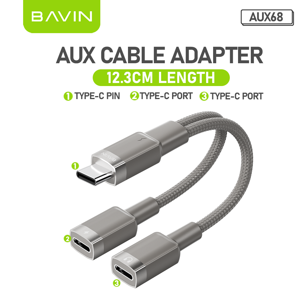 BAVIN AUX62 2-in-1 Hi-Fi Audio & Charge Cable w/iPhone, Type-C to 3.5mm Adapter for Android & iPhone Devices