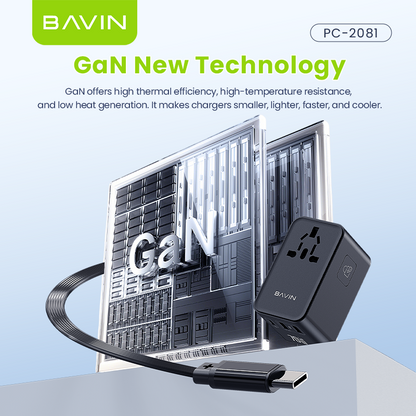 BAVIN PC2080 70W / 45W PD GaN Fast Charging Adapter & Multi-Port Universal Plug Charger for Laptop, Phones & Tablets
