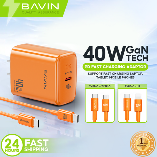 BAVIN PC2092 40W PD GaN Fast Charging Adapter USB-C Wall Charger for Laptop, iPhone 5-17 &Type-C Devices