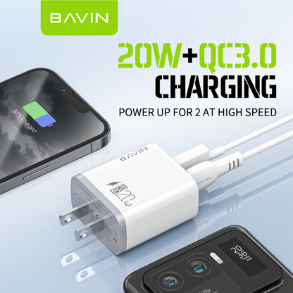 BAVIN PC828 / PC827 20W PD Fast Charging Charger Dual Type-C & USB Port Adapter for iPhone 16 Series