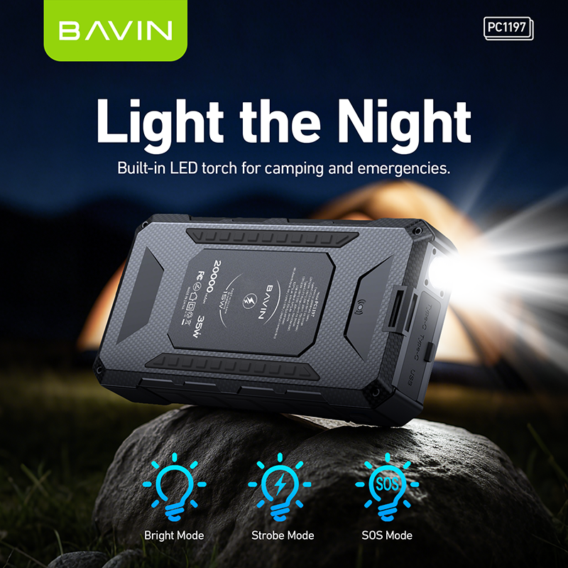 BAVIN Y-PC1197 20000mAh Solar Powerbank w/ 35W Type-C Fast Charging & 15W Wireless Charging w/ LED Flashlight & 3 Outputs