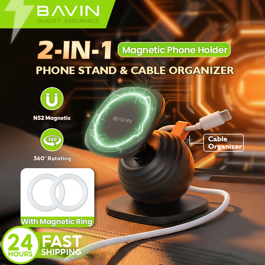 BAVIN PS92 2in1 360°Rotating Magnetic Phone Holder w/ Retractable Rod Adjustment, Strong Magnet & Silicone Cable Organizer