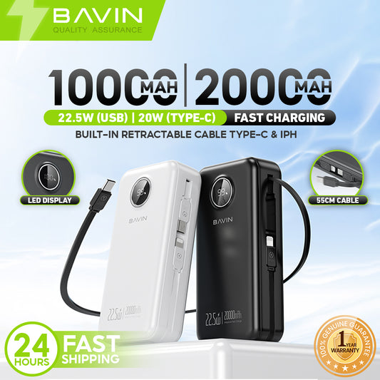 BAVIN Y-PC1122 10000mAh Fast Charging Powerbank w/ Retractable Cable