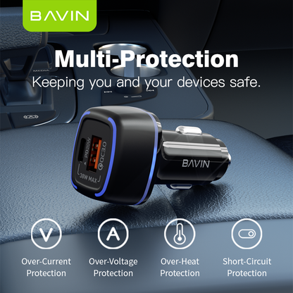 BAVIN PC876 38W Fast Charging PD QC 3.0 Dual Port Car Charger USB-C + USB-A For iPhone 17 series / Android