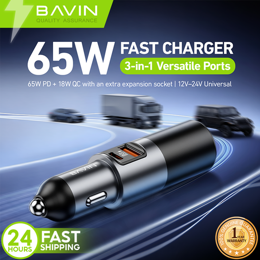 BAVIN PC2150 3-in-1 65W PD Fast Charging Car Charger w/ USB-C+USB-A Ports For Android & iPhone 17 series