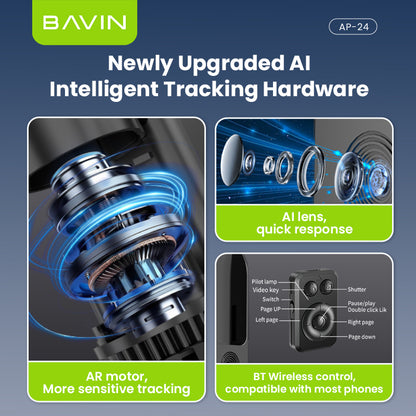BAVIN D-Z-P24 AI Tripod Stand 360° Auto Face & Motion Detection w/ Wireless BT Remote Adjustable 32-180cm for Phone / Camera