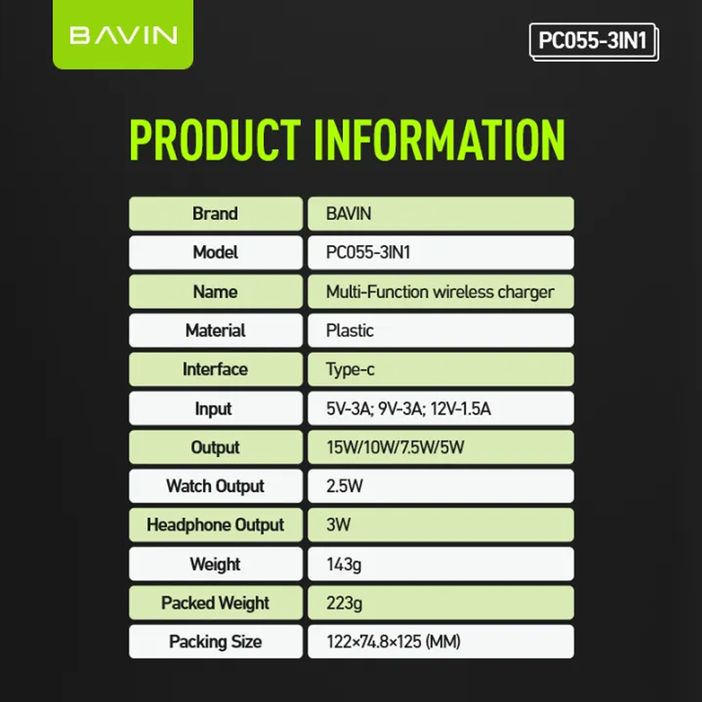 BAVIN PC055 3in1 Multifunctional Phone Stand w/ 15W Wireless Charger for iPhone Watch & Earbuds