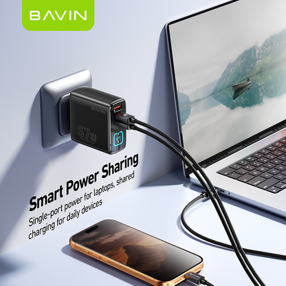 BAVIN PC2197 67W PD GaN Fast Charger w/ Smart LED Display + Foldable Plug + 3 USB Ports for Laptop, iPhone 17