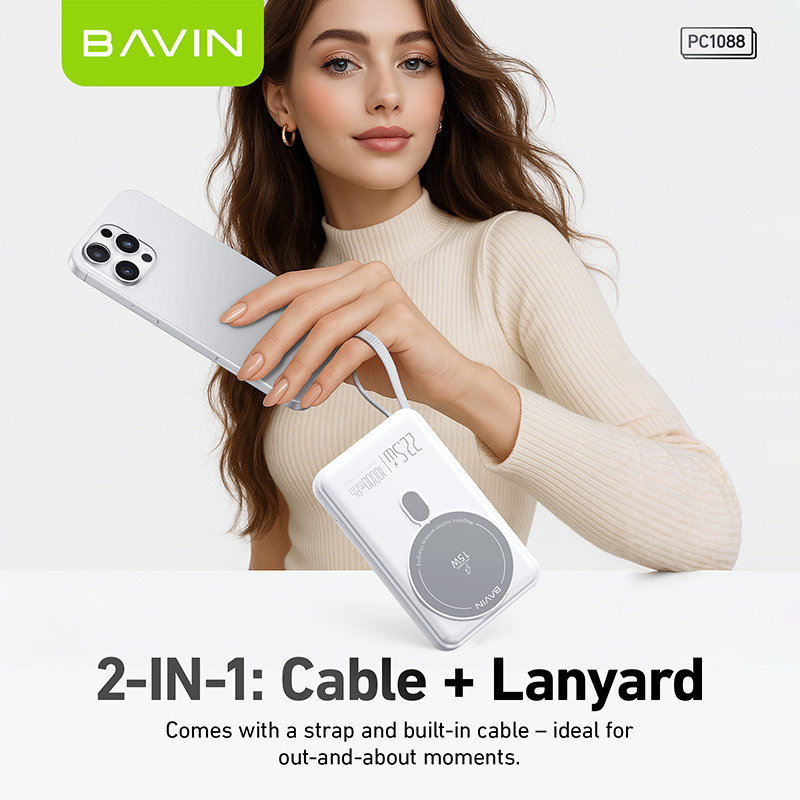 BAVIN Y-PC1088 10000mAh 22.5W PD Magnetic Wireless Fast Charging Power Bank w/ Magnetic Ring
