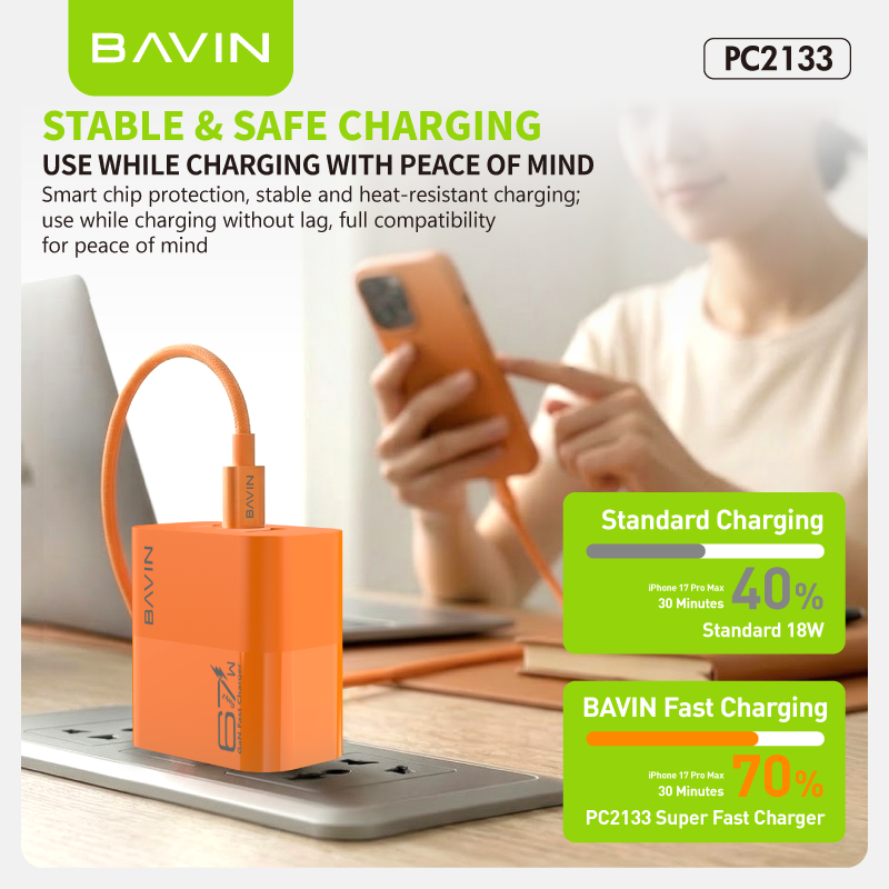 BAVIN PC2133 3in1 67W GaN Fast Charging Charger Dual Type-C + USB Ports w/ 1m Cable for Laptop, Phones