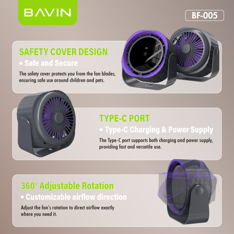 BAVIN BF-005 3600mAh Portable High-Speed Power Cooling Desktop Fan Rechargeable w/ 120 Gears