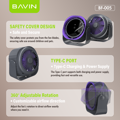BAVIN BF-005 3600mAh Portable High-Speed Power Cooling Desktop Fan Rechargeable w/ 120 Gears