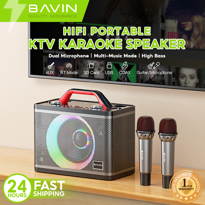 BAVIN DV-BM10 Bluetooth Wireless Portable Karaoke Speaker w/ Dual Bluetooth Microphones & Light