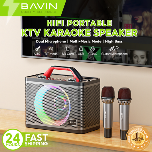 BAVIN DV-BM10 Bluetooth Wireless Portable Karaoke Speaker w/ Dual Bluetooth Microphones & Light