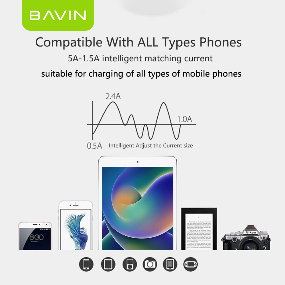 BAVIN PC368 2.4A Wall Charger w/ Multi-Protection & 1 Meter Cable for Micro / Type-C / iPhone