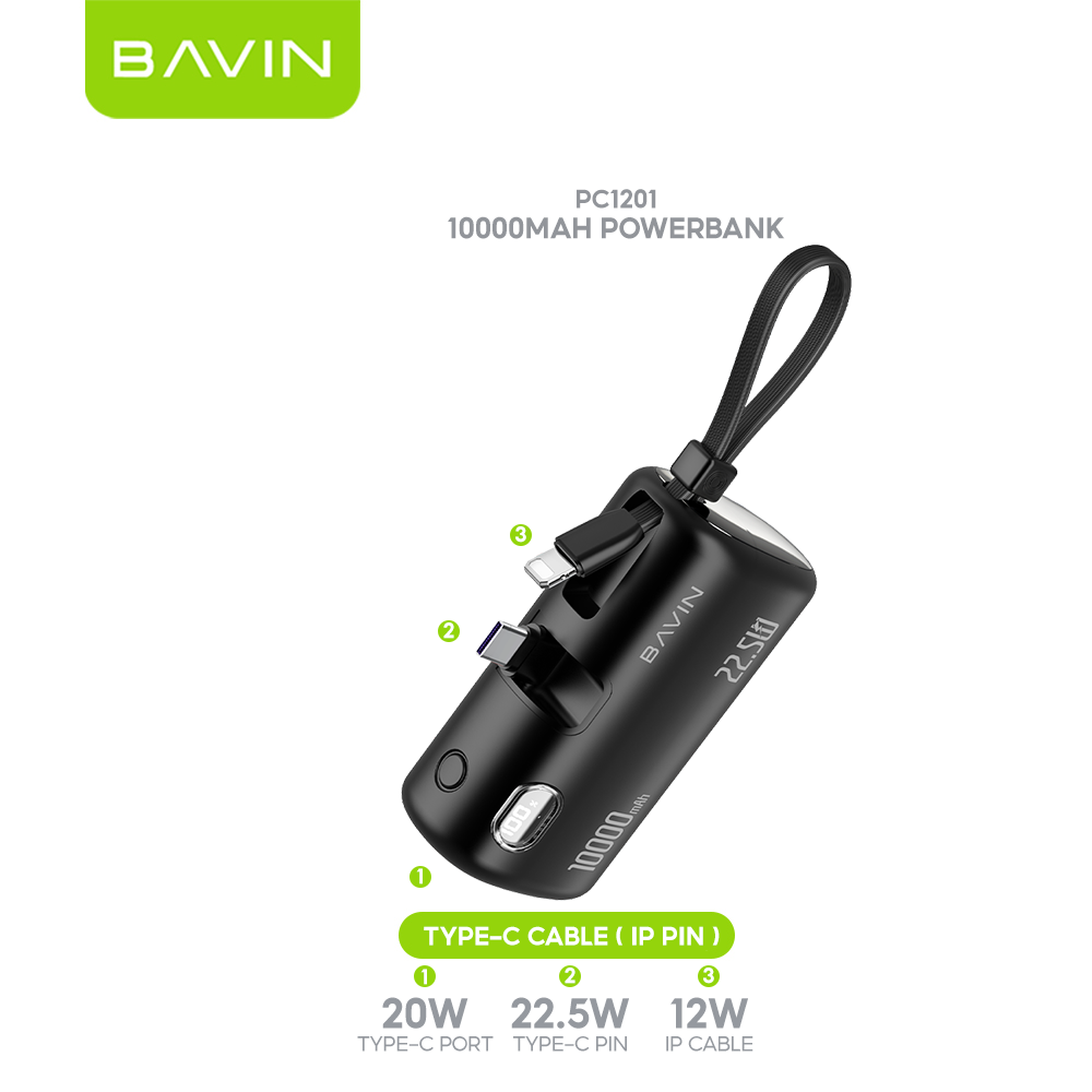 BAVIN PC1091S 5000mAh / PC1201S 10000mAh Mini Fast Charging Powerbank 22.5W USB-C Input/Output, Built-in Cable & Stand