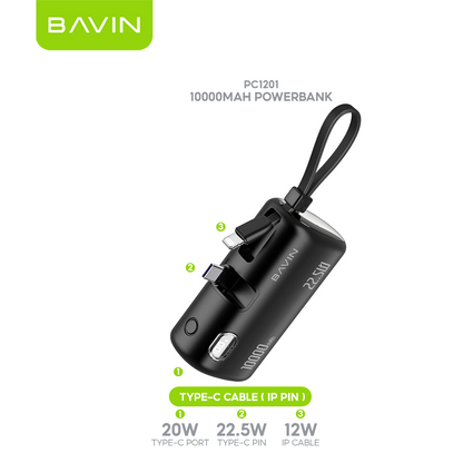 BAVIN PC1091S 5000mAh / PC1201S 10000mAh Mini Fast Charging Powerbank 22.5W USB-C Input/Output, Built-in Cable & Stand