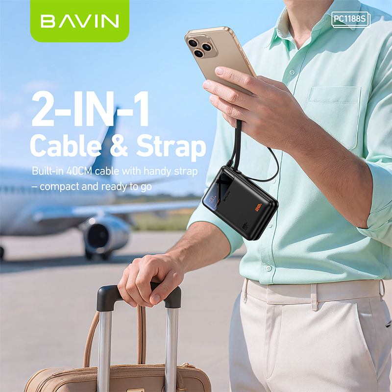 BAVIN Y-PC1188 20000mAh 65W PD Fast Charging Powerbank w/ Built-in Type-C Cable | LED Display Laptop & Mobile Compatible