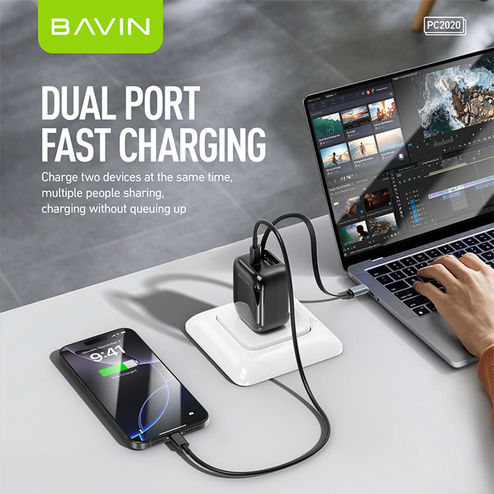 BAVIN PC2020 40W PD Fast Charging AC Adapter Built in Retractable iPhone Cable for iPhone 17/Android /Laptop