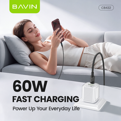 BAVIN CB432 60W PD USB C Fast Charging Data Cable 1M w/ LED Digital Display, Braided Nylon For iPhone 18