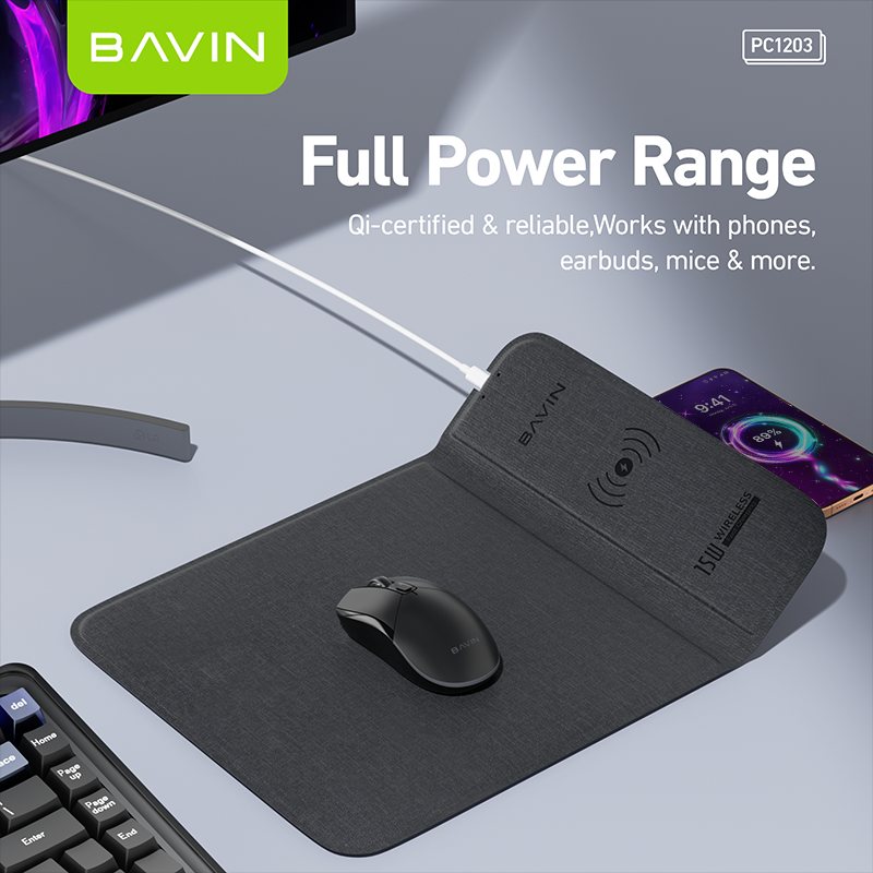 BAVIN C-W-PC1203 2-in-1 15W Wireless Fast Charging Mousepad w/ Anti-Slip Design & Qi Protocol Support