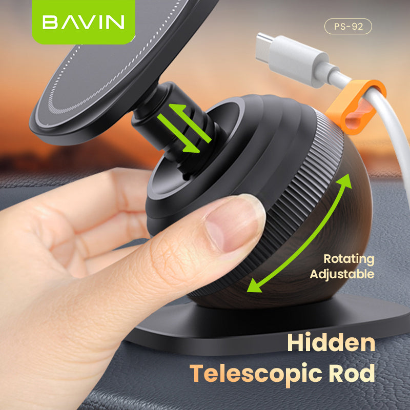 BAVIN PS92 2in1 360°Rotating Magnetic Phone Holder w/ Retractable Rod Adjustment, Strong Magnet & Silicone Cable Organizer