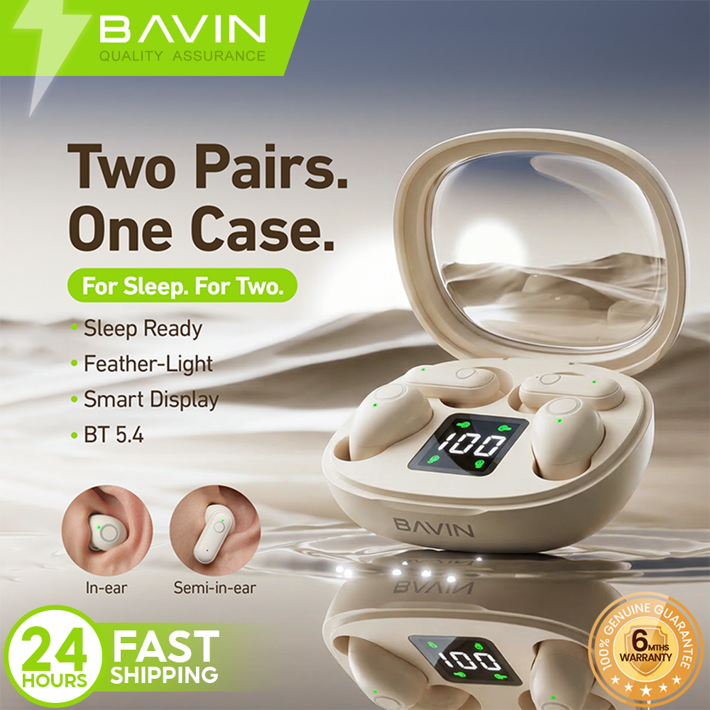 BAVIN BA110 2-in-1 TWS Hi-Res Audio Wireless Bluetooth Semi-in-ear + In-ear Earbuds | Smart LED Display