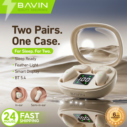 BAVIN BA110 2-in-1 TWS Hi-Res Audio Wireless Bluetooth Semi-in-ear + In-ear Earbuds | Smart LED Display