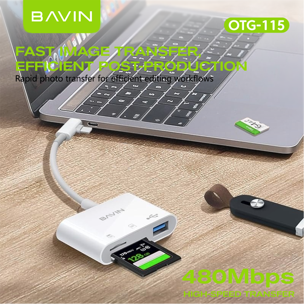 BAVIN O114 3-in-1 Memory Card Reader OTG Adapter iPhone & Type-C to USB,SD,TF Card Slot for Phone,Laptop
